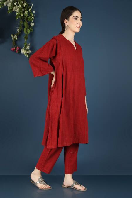 Buy Vasstram Red Cotton Split V-neck Azeema Solid Co-ord Set Buy_Vasstram_Red Cotton Split V-neck Azeema Solid Co-ord Set