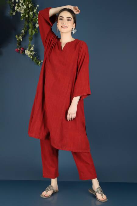 Shop Vasstram Red Cotton Split V-neck Azeema Solid Co-ord Set Shop_Vasstram_Red Cotton Split V-neck Azeema Solid Co-ord Set