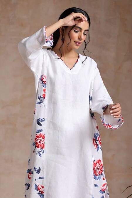 Buy_Vasstram_White Cotton Embroidery V-neck Azeema Floral Print Co-ord Set _Online_at_Aza_Fashions