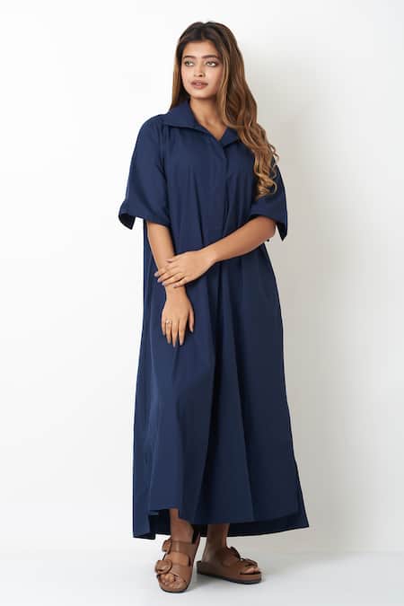 Vasstram Blue Cotton Collared Solid A-line Shirt Dress 