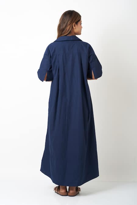 Shop Vasstram Blue Cotton Collared Solid A-line Shirt Dress at Aza Fashions Shop_Vasstram_Blue Cotton Collared Solid A-line Shirt Dress _at_Aza_Fashions