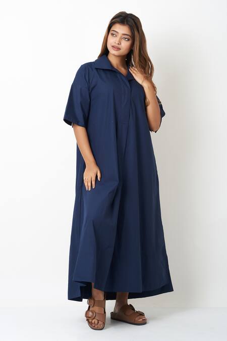 Vasstram Blue Cotton Collared Solid A-line Shirt Dress Online at Aza Fashions Vasstram_Blue Cotton Collared Solid A-line Shirt Dress _Online_at_Aza_Fashions