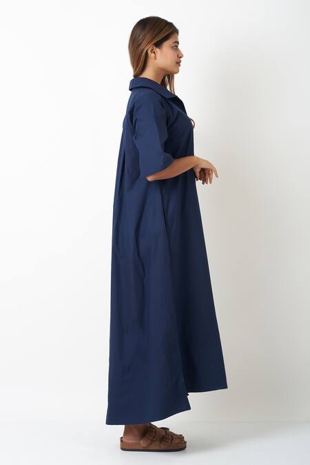 Buy Vasstram Blue Cotton Collared Solid A-line Shirt Dress Online at Aza Fashions Buy_Vasstram_Blue Cotton Collared Solid A-line Shirt Dress _Online_at_Aza_Fashions