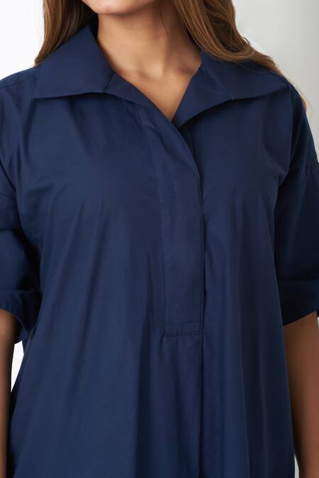 Shop Vasstram Blue Cotton Collared Solid A-line Shirt Dress Online at Aza Fashions Shop_Vasstram_Blue Cotton Collared Solid A-line Shirt Dress _Online_at_Aza_Fashions