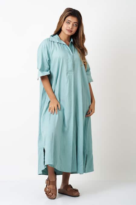 Vasstram Blue Viscose, Linen Embroidery Collared Solid French Knot Shirt Dress 