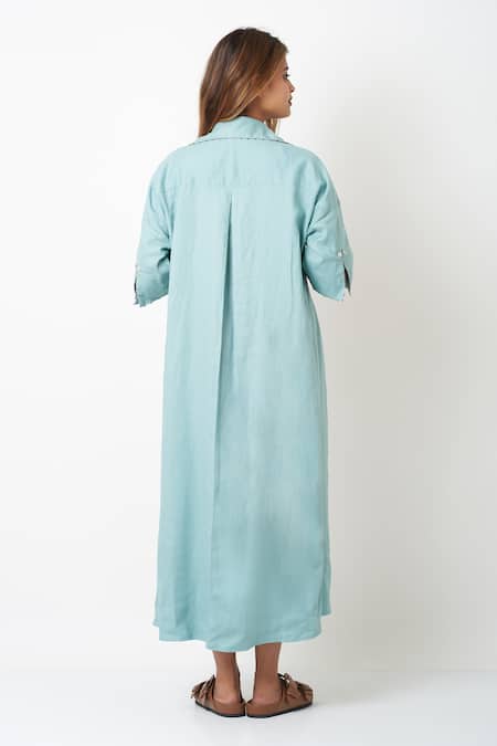 Shop Vasstram Blue Viscose, Linen Embroidery Collared Solid French Knot Shirt Dress at Aza Fashions Shop_Vasstram_Blue Viscose, Linen Embroidery Collared Solid French Knot Shirt Dress _at_Aza_Fashions
