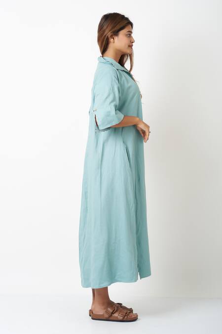 Buy Vasstram Blue Viscose, Linen Embroidery Collared Solid French Knot Shirt Dress Online at Aza Fashions Buy_Vasstram_Blue Viscose, Linen Embroidery Collared Solid French Knot Shirt Dress _Online_at_Aza_Fashions