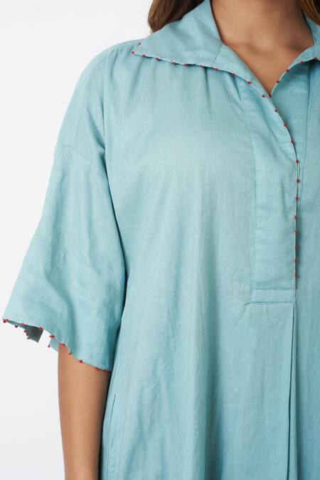 Shop Vasstram Blue Viscose, Linen Embroidery Collared Solid French Knot Shirt Dress Online at Aza Fashions Shop_Vasstram_Blue Viscose, Linen Embroidery Collared Solid French Knot Shirt Dress _Online_at_Aza_Fashions