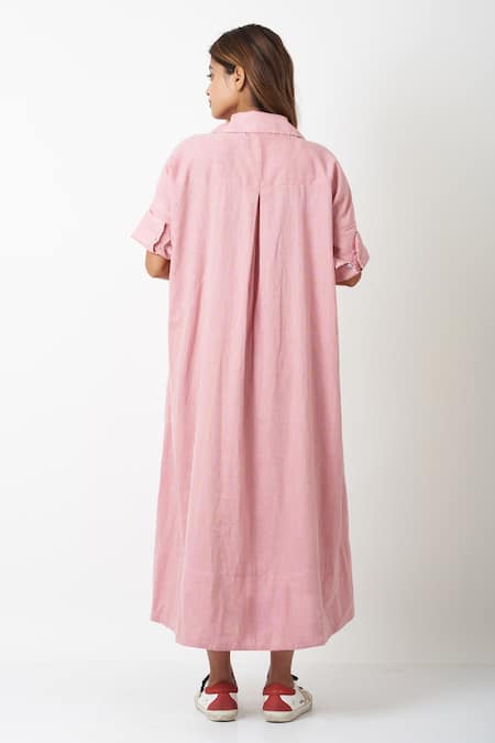 Shop Vasstram Pink Cotton Embroidery Collared Solid A-line French Knot Shirt Dress at Aza Fashions Shop_Vasstram_Pink Cotton Embroidery Collared Solid A-line French Knot Shirt Dress _at_Aza_Fashions