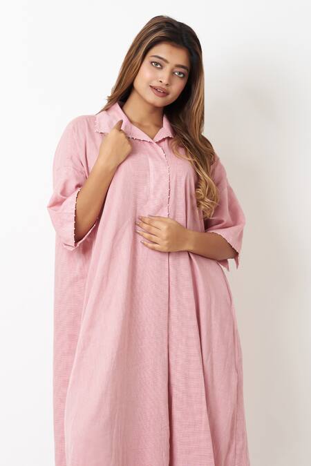 Vasstram Pink Cotton Embroidery Collared Solid A-line French Knot Shirt Dress Online at Aza Fashions Vasstram_Pink Cotton Embroidery Collared Solid A-line French Knot Shirt Dress _Online_at_Aza_Fashions