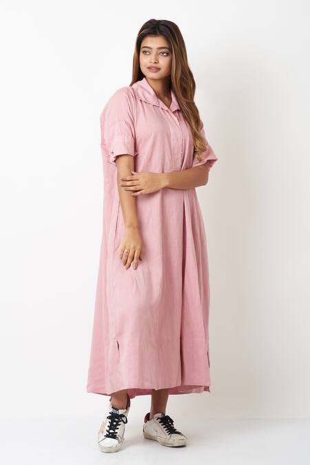 Buy Vasstram Pink Cotton Embroidery Collared Solid A-line French Knot Shirt Dress Online at Aza Fashions Buy_Vasstram_Pink Cotton Embroidery Collared Solid A-line French Knot Shirt Dress _Online_at_Aza_Fashions