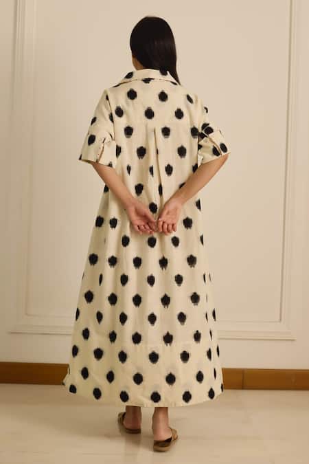 Shop Vasstram Off White Cotton Embroidery Collared Ikat Print Shirt Dress at Aza Fashions Shop_Vasstram_Off White Cotton Embroidery Collared Ikat Print Shirt Dress _at_Aza_Fashions