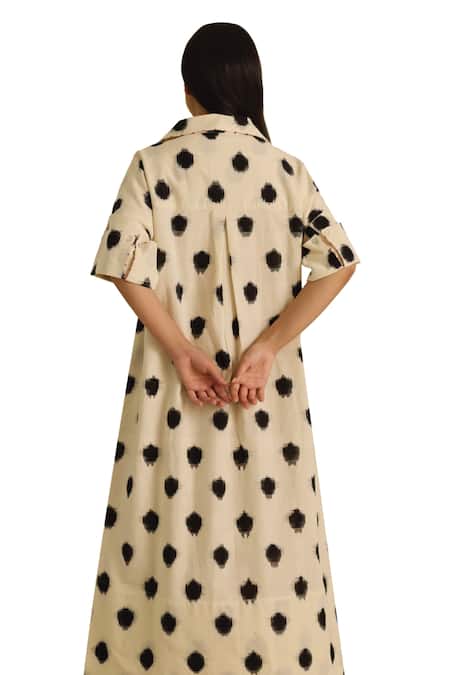 Shop Vasstram Off White Cotton Embroidery Collared Ikat Print Shirt Dress Online at Aza Fashions Shop_Vasstram_Off White Cotton Embroidery Collared Ikat Print Shirt Dress _Online_at_Aza_Fashions