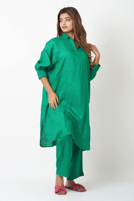 Vasstram Green Linen Collared Solid Kurta With Pant