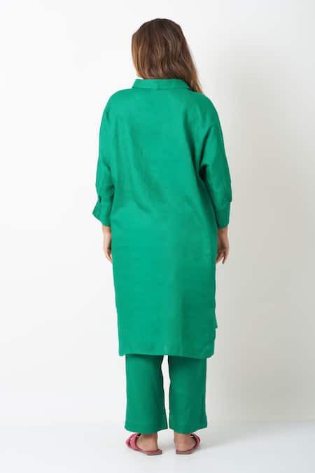 Shop Vasstram Green Linen Collared Solid Kurta With Pant at Aza Fashions Shop_Vasstram_Green Linen Collared Solid Kurta With Pant _at_Aza_Fashions
