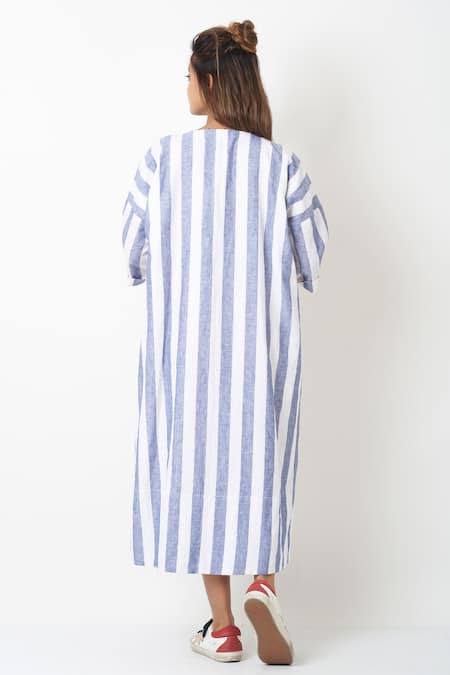 Shop Vasstram Blue Cotton Round Neck Stripe Print Long Shirt Dress at Aza Fashions Shop_Vasstram_Blue Cotton Round Neck Stripe Print Long Shirt Dress _at_Aza_Fashions
