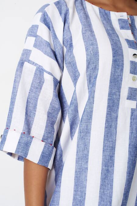 Vasstram Blue Cotton Round Neck Stripe Print Long Shirt Dress Online at Aza Fashions Vasstram_Blue Cotton Round Neck Stripe Print Long Shirt Dress _Online_at_Aza_Fashions