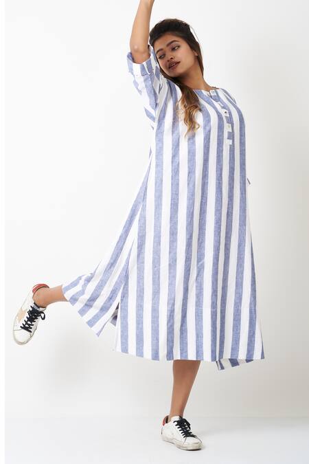 Buy Vasstram Blue Cotton Round Neck Stripe Print Long Shirt Dress Online at Aza Fashions Buy_Vasstram_Blue Cotton Round Neck Stripe Print Long Shirt Dress _Online_at_Aza_Fashions