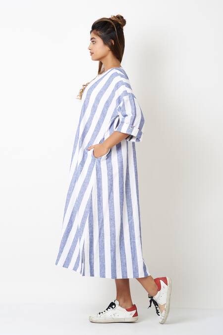 Shop Vasstram Blue Cotton Round Neck Stripe Print Long Shirt Dress Online at Aza Fashions Shop_Vasstram_Blue Cotton Round Neck Stripe Print Long Shirt Dress _Online_at_Aza_Fashions