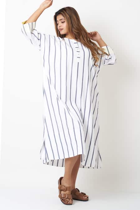 Vasstram White Cotton Printed Stripe Round Midi Dress 