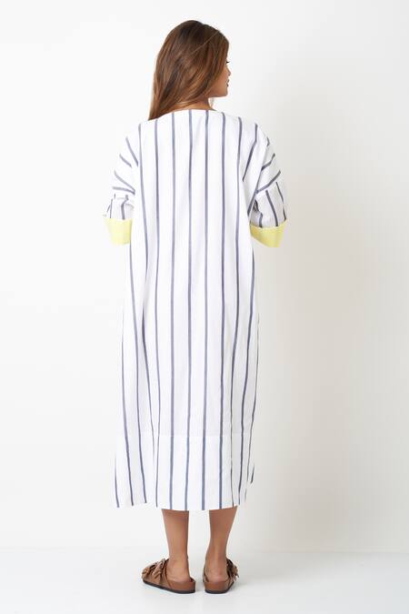 Shop Vasstram White Cotton Round Neck Stripe Print Midi Dress at Aza Fashions Shop_Vasstram_White Cotton Round Neck Stripe Print Midi Dress _at_Aza_Fashions