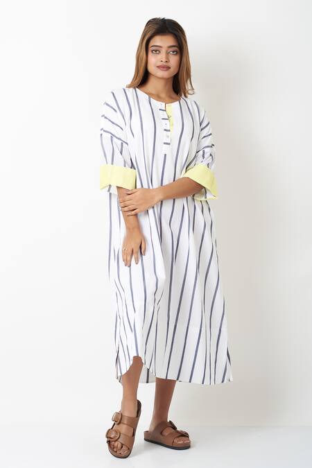 Vasstram White Cotton Round Neck Stripe Print Midi Dress Online at Aza Fashions Vasstram_White Cotton Round Neck Stripe Print Midi Dress _Online_at_Aza_Fashions