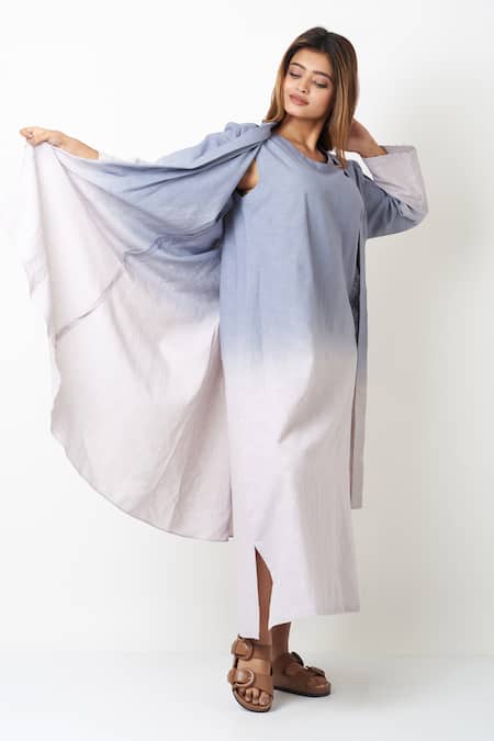 Vasstram Grey Linen Embroidery Round Neck French Knot Ombre Dress With Overlay Online at Aza Fashions Vasstram_Grey Linen Embroidery Round Neck French Knot Ombre Dress With Overlay _Online_at_Aza_Fashions