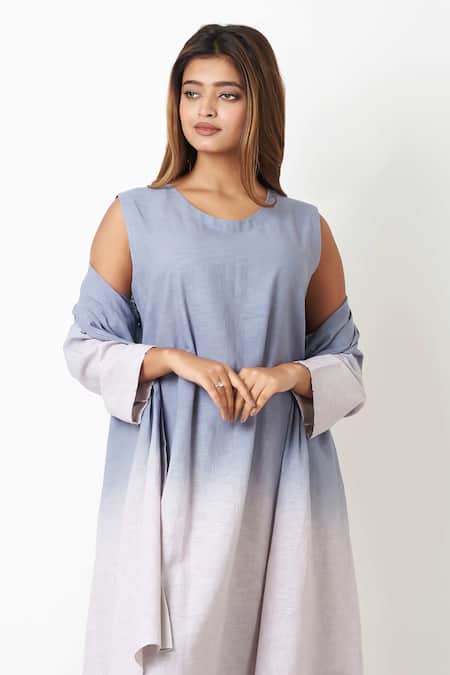Buy Vasstram Grey Linen Embroidery Round Neck French Knot Ombre Dress With Overlay Online at Aza Fashions Buy_Vasstram_Grey Linen Embroidery Round Neck French Knot Ombre Dress With Overlay _Online_at_Aza_Fashions