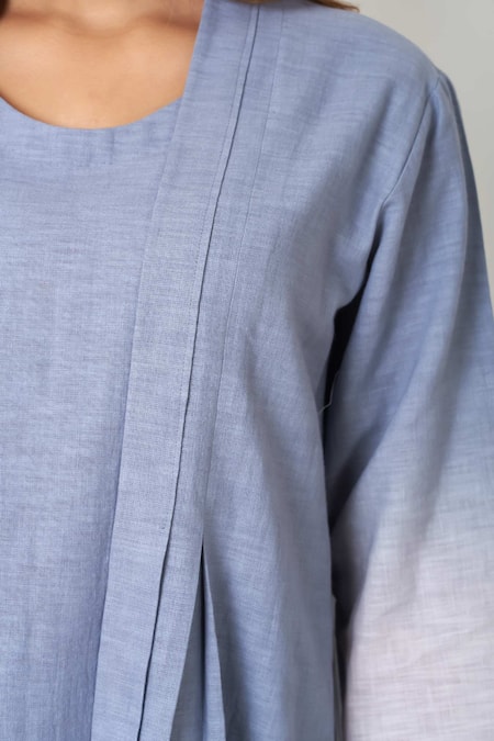 Vasstram Grey Linen Embroidery Round Neck French Knot Ombre Dress With Overlay at Aza Fashions Vasstram_Grey Linen Embroidery Round Neck French Knot Ombre Dress With Overlay _at_Aza_Fashions