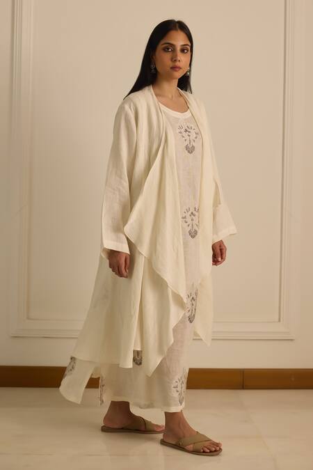 Shop_Vasstram_Off White Linen Embroidered Floral Dress Round Zeenat With Overlay _Online_at_Aza_Fashions
