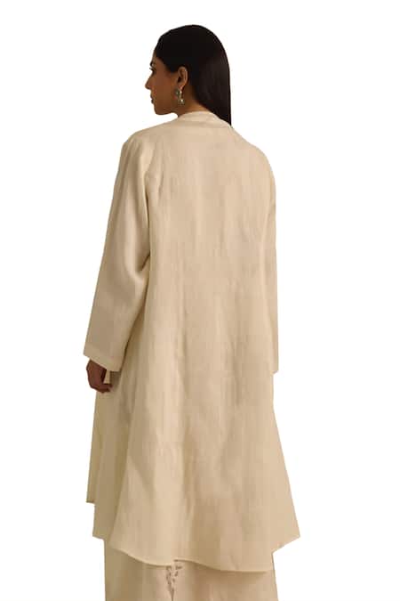 Vasstram_Off White Linen Embroidered Floral Dress Round Zeenat With Overlay _at_Aza_Fashions
