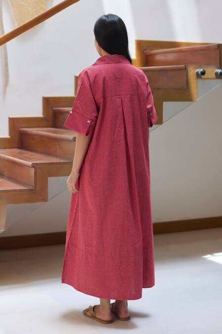 Shop_Vasstram_Red Cotton Printed Check Collared Shirt Dress _at_Aza_Fashions