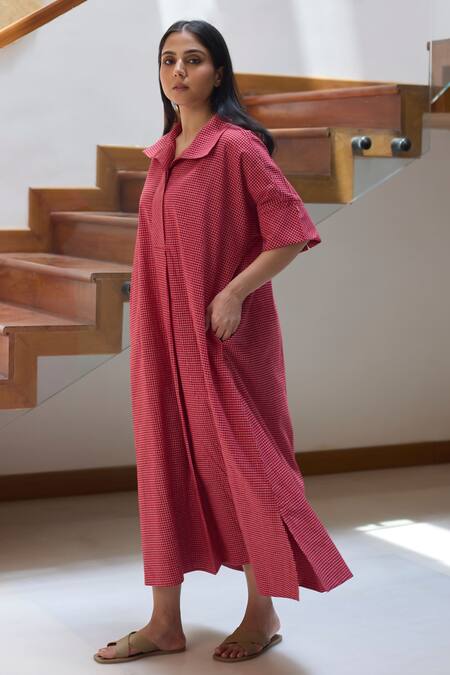 Buy_Vasstram_Red Cotton Printed Check Collared Shirt Dress _Online_at_Aza_Fashions