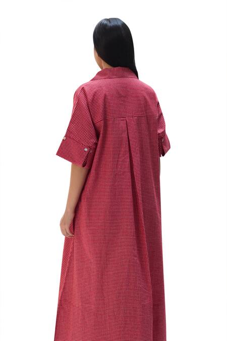 Shop_Vasstram_Red Cotton Printed Check Collared Shirt Dress _Online_at_Aza_Fashions