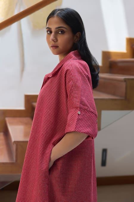 Vasstram_Red Cotton Printed Check Collared Shirt Dress _at_Aza_Fashions
