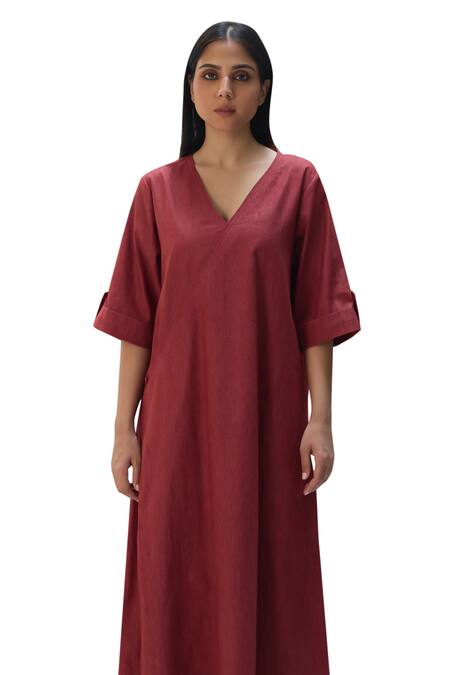Vasstram Red Cotton V-neck Solid Slouchy Dress at Aza Fashions Vasstram_Red Cotton V-neck Solid Slouchy Dress _at_Aza_Fashions