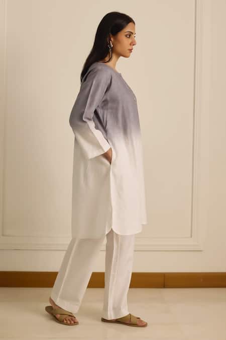 Buy_Vasstram_Grey Linen Embroidery Round Neck Ombre French Knot Co-ord Set _Online_at_Aza_Fashions