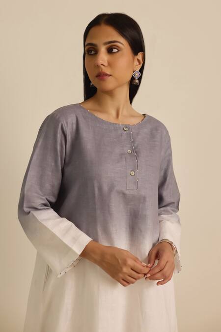 Shop_Vasstram_Grey Linen Embroidery Round Neck Ombre French Knot Co-ord Set _Online_at_Aza_Fashions