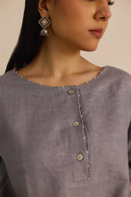 Vasstram_Grey Linen Embroidery Round Neck Ombre French Knot Co-ord Set _at_Aza_Fashions