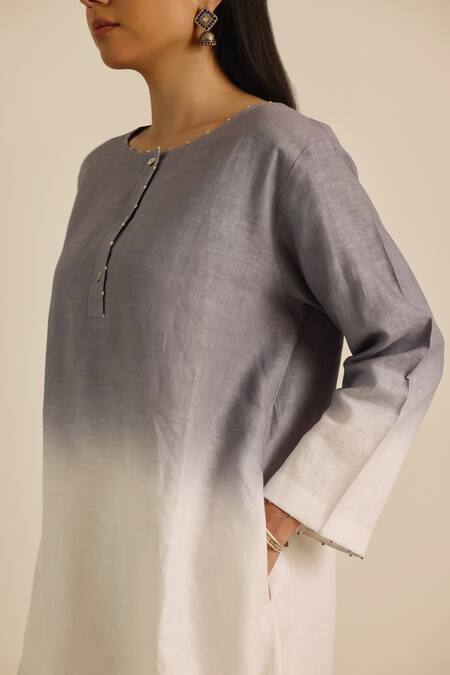 Buy_Vasstram_Grey Linen Embroidery Round Neck Ombre French Knot Co-ord Set 