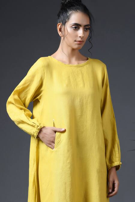 Vasstram_Yellow Linen Round Lily Asymmetric Dress _Online_at_Aza_Fashions
