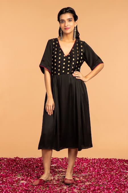 Vasstram Black Buti Mashru Embroidery Floral V-neck Khushi Gather Dress 