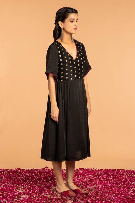 Vasstram Black Embroidery V-neck Khushi Floral Gather Dress Online at Aza Fashions Vasstram_Black Embroidery V-neck Khushi Floral Gather Dress _Online_at_Aza_Fashions