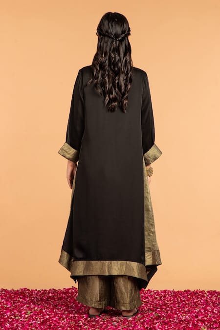 Shop Vasstram Black Modal, Satin Zari V-neck Kamal Embroidered Asymmetric Tunic at Aza Fashions Shop_Vasstram_Black Modal, Satin Zari V-neck Kamal Embroidered Asymmetric Tunic _at_Aza_Fashions