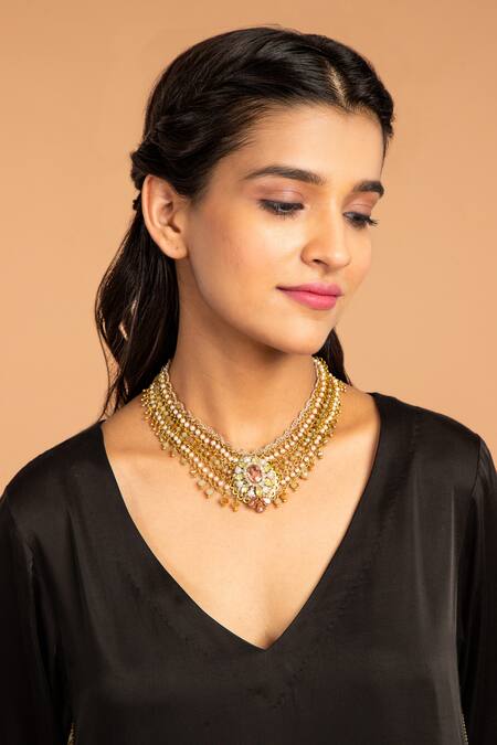 Vasstram Black Modal, Satin Zari V-neck Kamal Embroidered Asymmetric Tunic Online at Aza Fashions Vasstram_Black Modal, Satin Zari V-neck Kamal Embroidered Asymmetric Tunic _Online_at_Aza_Fashions