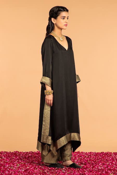 Vasstram Black Modal, Satin Zari V-neck Kamal Embroidered Asymmetric Tunic at Aza Fashions Vasstram_Black Modal, Satin Zari V-neck Kamal Embroidered Asymmetric Tunic _at_Aza_Fashions
