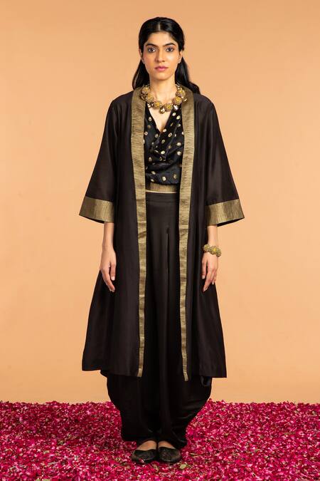 Vasstram_Black Embroidery Chanderi Cape _Online_at_Aza_Fashions