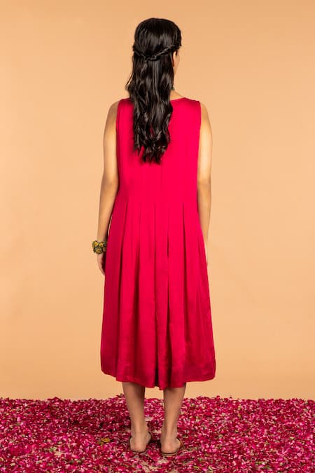 Shop_Vasstram_Pink Modal Satin Boat Noor Pleated Neck Dress _at_Aza_Fashions
