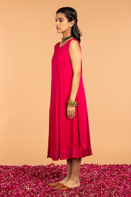 Vasstram_Pink Modal Satin Boat Noor Pleated Neck Dress _Online_at_Aza_Fashions