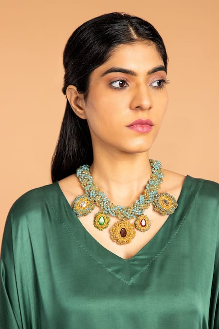 Vasstram_Green Modal, Satin Zari V-neck Heena Embroidered Panel Kaftan _Online_at_Aza_Fashions